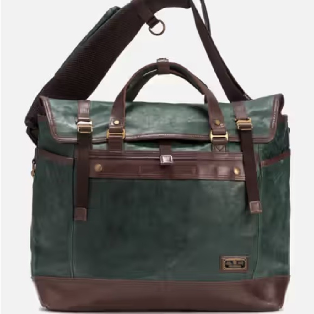 Master-Piece green brown leather messenger, cowhide, canvas back, brass